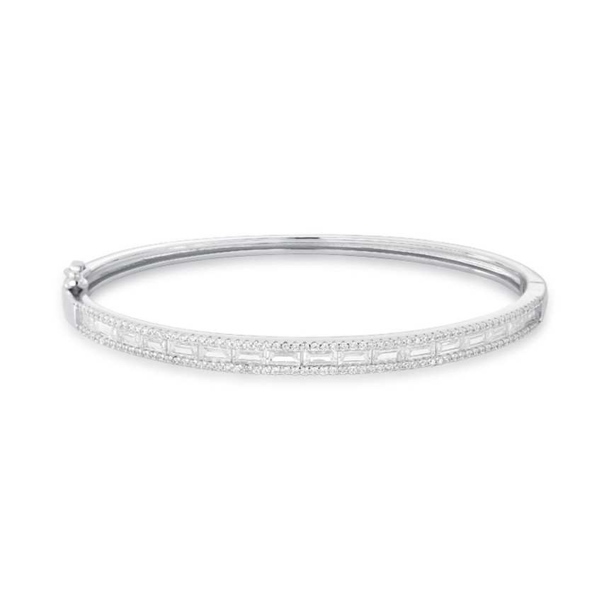 Bracelete Prata c/ Ródio Zircônia Baguete Borda Cravejada c/ Fecho