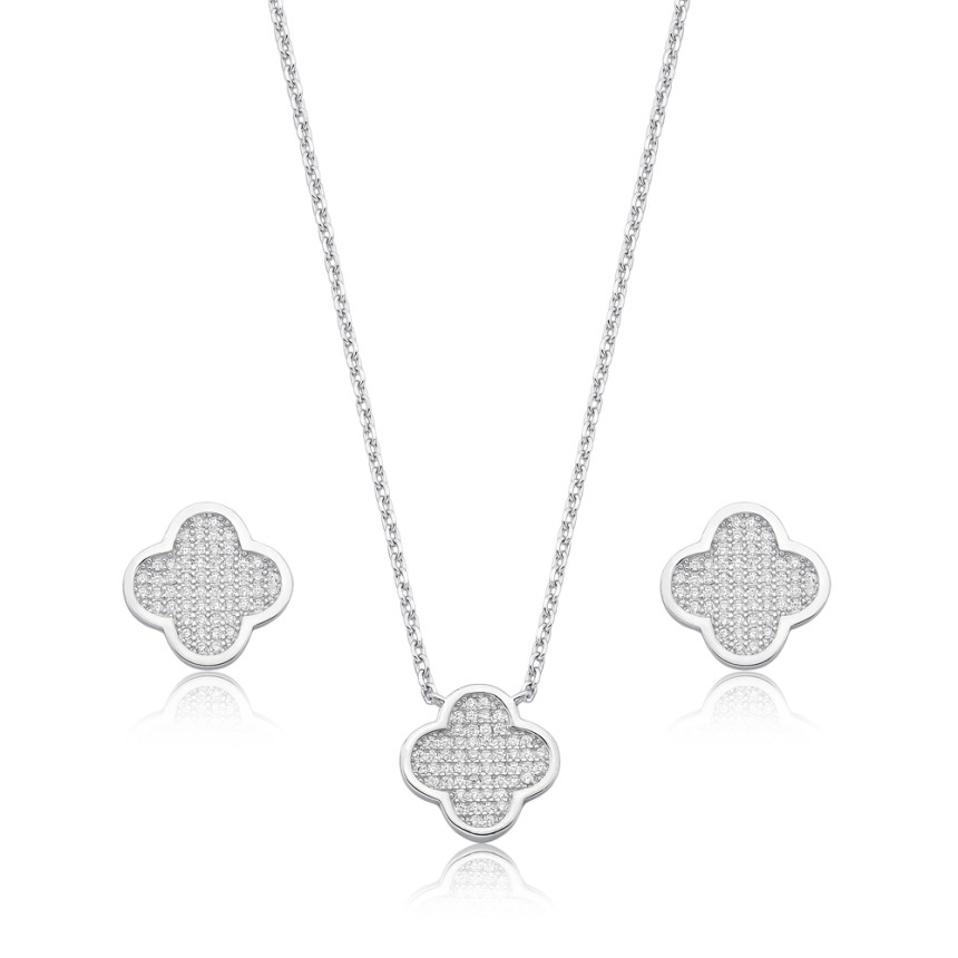 Conjunto Prata c/ Ródio Trevo Cravejado