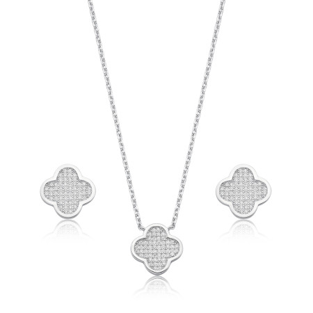 Conjunto Prata c/ Ródio Trevo Cravejado