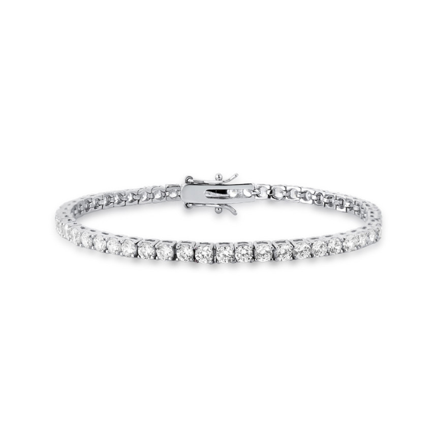 Pulseira Prata c/ Ródio Zircônia Riviera Redonda (3mm) Fecho Gaveta 17cm