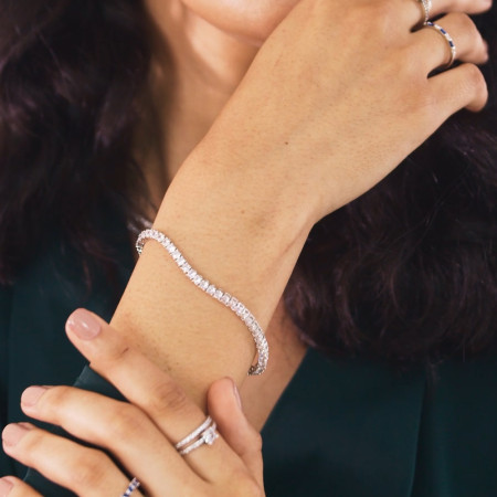 Pulseira Prata c/ Ródio Zircônia Riviera Redonda (3mm) Fecho Gaveta 17cm