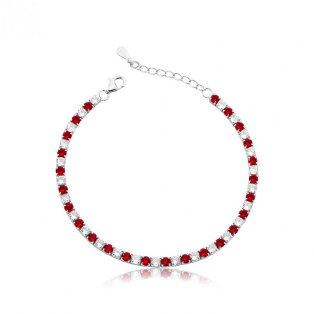 Pulseira Prata c/ Ródio Zircônia Riviera Redonda Cristal e Rubi (3mm)