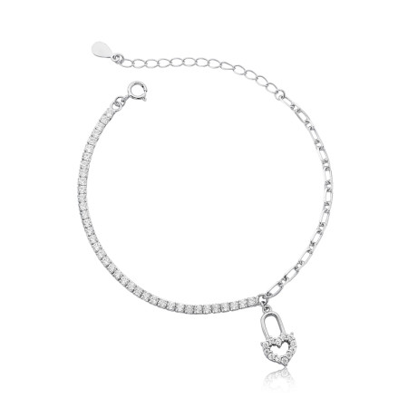 Pulseira Prata c/ Ródio Zircônia Riviera Redonda c/ Malha Cartier e Coração Cadeado