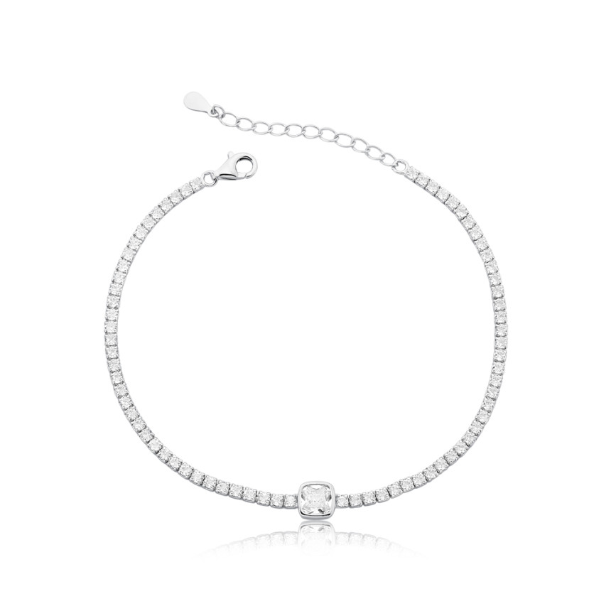 Pulseira Prata c/ Ródio Zircônia Riviera Redonda c/ Zircônia Quadrada Embutida