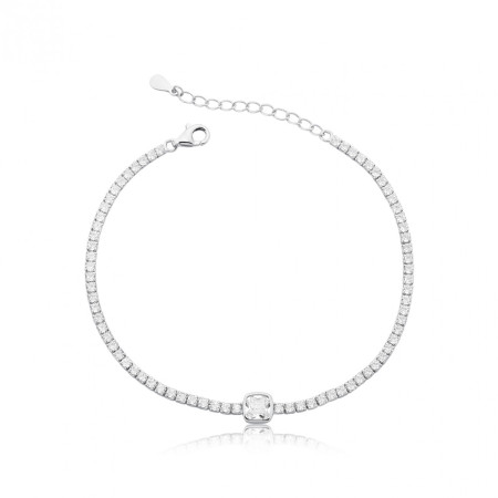 Pulseira Prata c/ Ródio Zircônia Riviera Redonda c/ Zircônia Quadrada Embutida