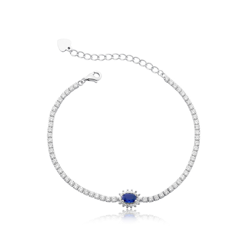 Pulseira Prata c/ Ródio Zircônia Riviera Redonda c/ Zircônia Safira Oval