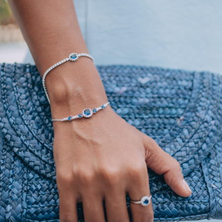 Pulseira Prata c/ Ródio Zircônia Riviera Redonda c/ Zircônia Safira Oval