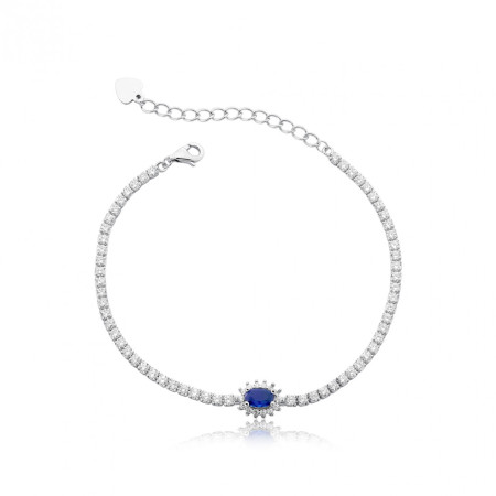 Pulseira Prata c/ Ródio Zircônia Riviera Redonda c/ Zircônia Safira Oval