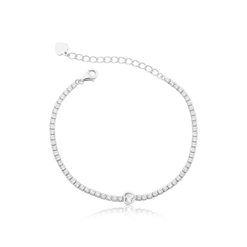 Pulseira Prata c/ Ródio Zircônia Riviera Redonda c/ Zircônia Coração Embutida