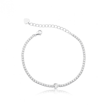 Pulseira Prata c/ Ródio Zircônia Riviera Redonda c/ Zircônia Coração Embutida