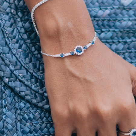 Pulseira Prata c/ Ródio Cartierzinha c/ Zircônias Redondas Brancas e Safiras