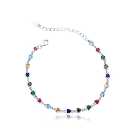 Pulseira Prata c/ Ródio Zircônias Corações Embutidas Multi Color
