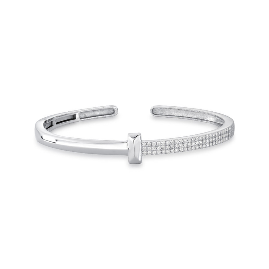 Bracelete Prata c/ Ródio Metade Cravejado Metade Liso