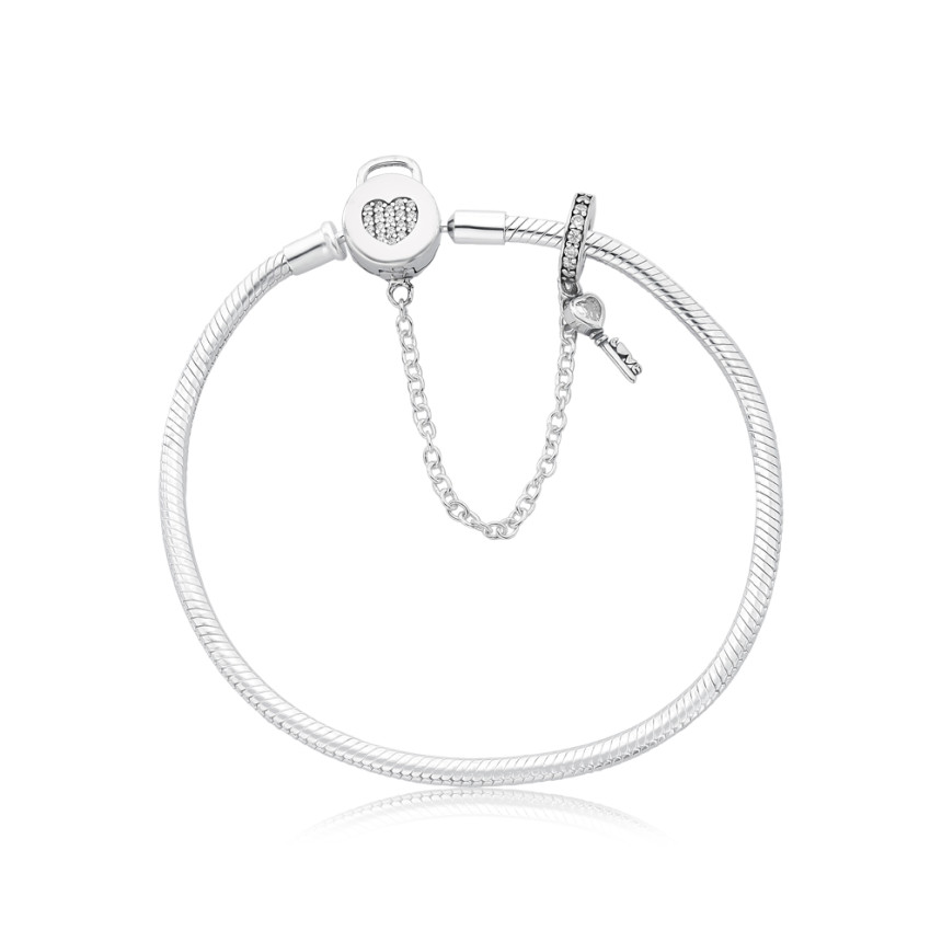 Pulseira Prata You Snake Trava Cadeado Coração Cravejado e Pega Ladrão Cravejado c/ Chave 20cm