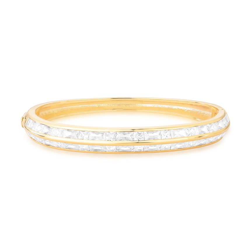 Bracelete Duas Fileiras Zircônia Baguete e Quadrada Folheado a Ouro 18k