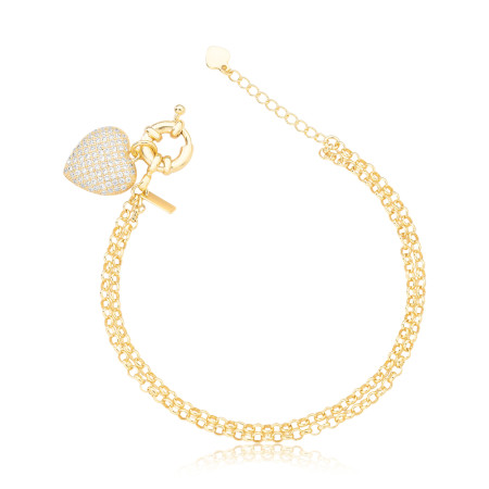 Pulseira Dupla Portuguesa c/ Pingente Coração Cravejado Fecho Boia Folheada a Ouro 18k