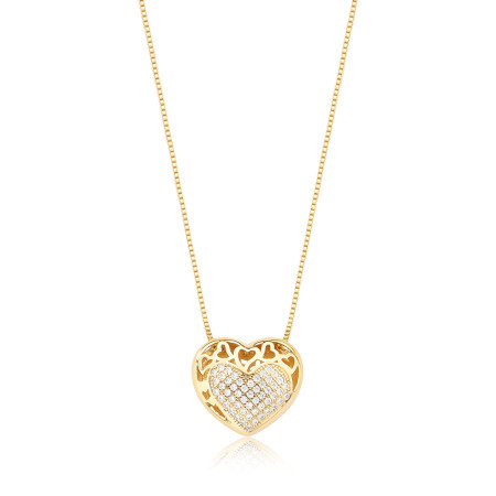 Gargantilha Veneziana Coração Bojudo Cravejado Central e Vazado Folheada a Ouro 18k