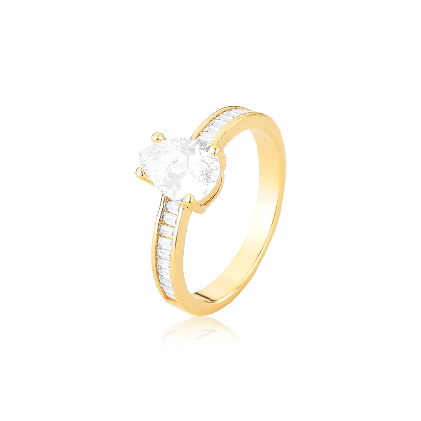 Anel Solitário Gota c/ Lateral Zircônia Baguete Folheado a Ouro 18k