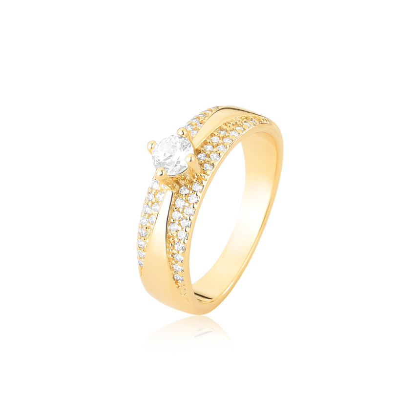 Anel Solitário 4mm Aro c/ Detalhe Cravejado Folheado a Ouro 18k