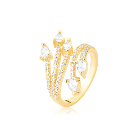 Anel Aberto Cinco Fios Cravejados + Zircônias Gota Folheado a Ouro 18K