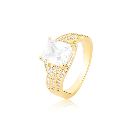 Anel Zircônia Retangular Lateral Quatro Fios Cravejados Folheado a Ouro 18k