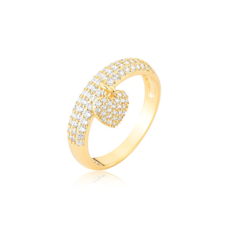 Anel Bananinha Três Fileiras Cravejadas c/ Pingente Coração Folheado a Ouro 18k