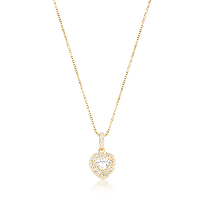 Conjunto Zircônia Coração c/ Ponto Luz e Borda Cravejada Folheado a Ouro 18K