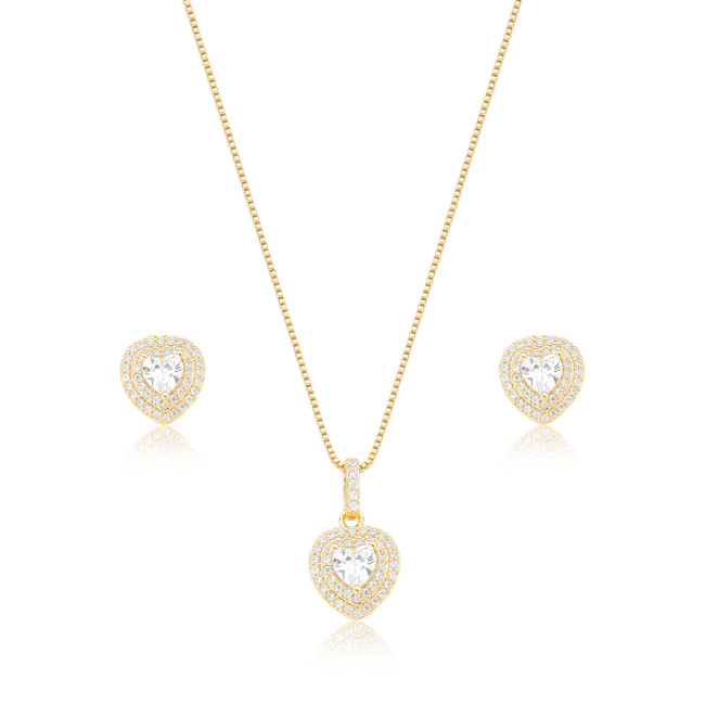 Conjunto Zircônia Coração c/ Ponto Luz e Borda Cravejada Folheado a Ouro 18K