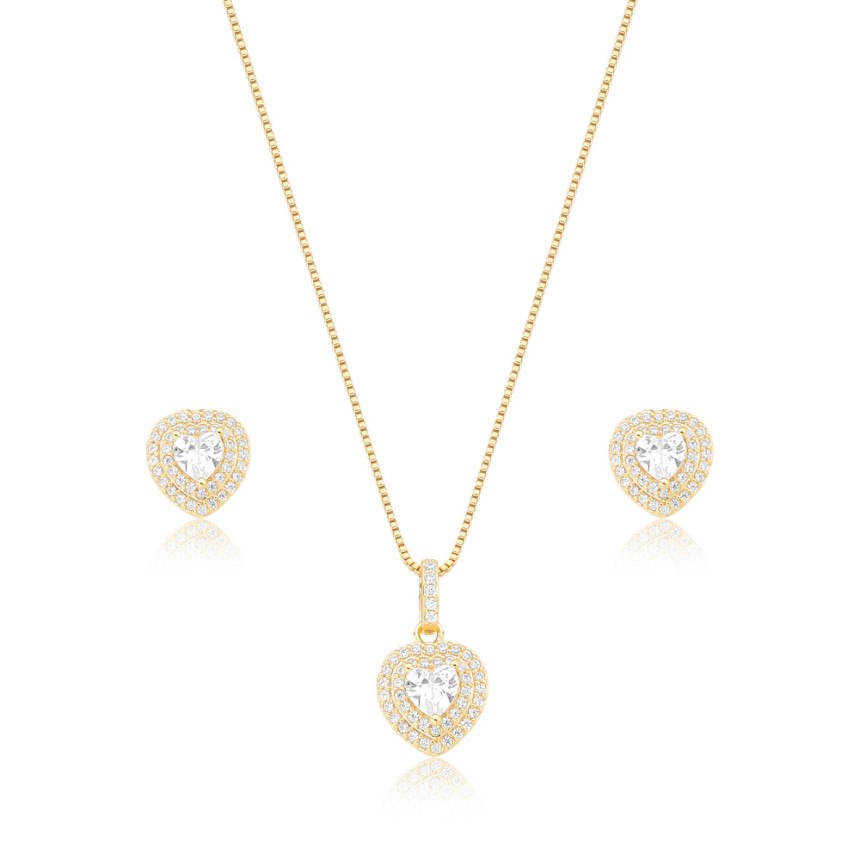 Conjunto Zircônia Coração c/ Ponto Luz e Borda Cravejada Folheado a Ouro 18K