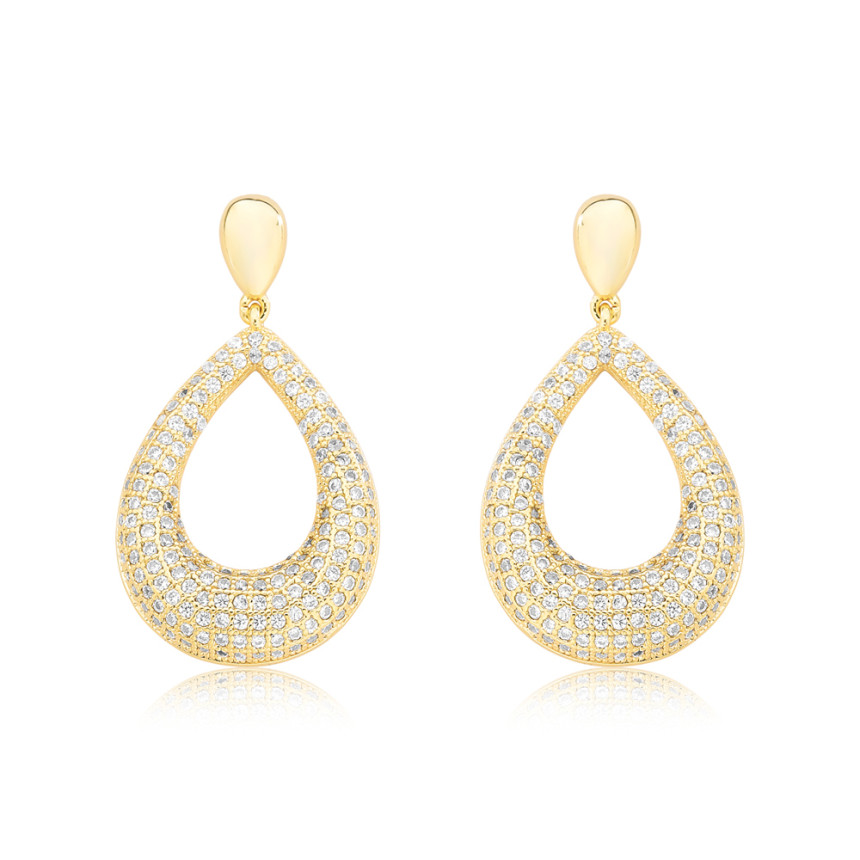Brinco Base Lisa c/ Gota Cravejada Folheado a Ouro 18k