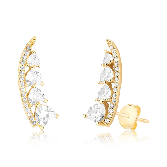 Brinco Ear Cuff Fio Cravejado c/ Zircônia Corações Folheado a Ouro 18k
