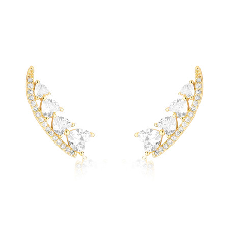 Brinco Ear Cuff Fio Cravejado c/ Zircônia Corações Folheado a Ouro 18k