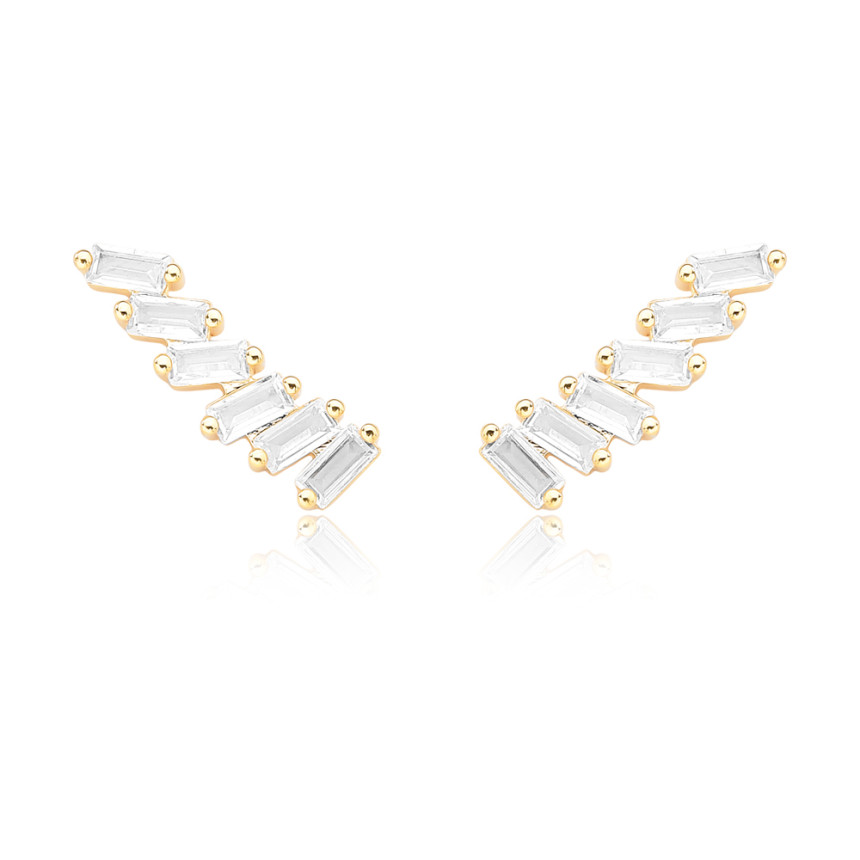 Brinco Ear Cuff Seis Zircônias Baguete Folheado a Ouro 18k