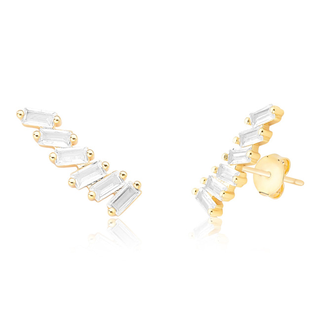 Brinco Ear Cuff Seis Zircônias Baguete Folheado a Ouro 18k