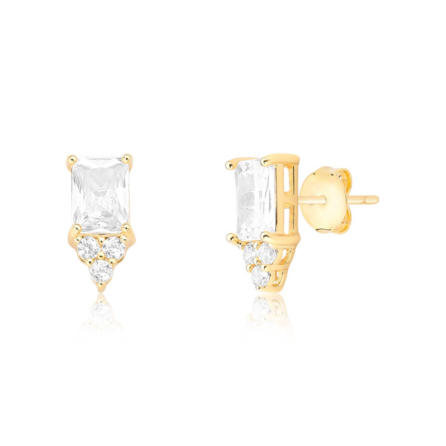 Brinco Fixo Zircônia Retangular c/ Trio Zircônia Redonda Folheado a Ouro 18k