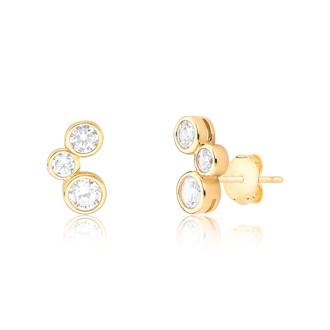 Brinco Fixo Trio Zircônia Redonda Embutida Folheado a Ouro 18k