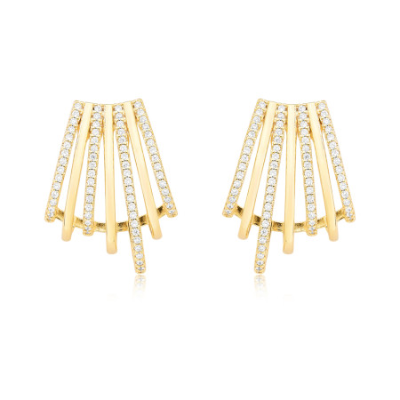 Brinco Gancho Sete Fios Lisos e Cravejados Intercalados Folheado a Ouro 18k