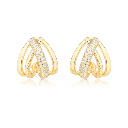 Brinco Gancho Concha Vazada c/ Detalhe Cravejado e Trabalhado Folheado a Ouro 18k