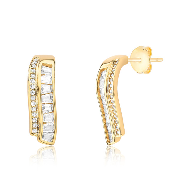 Brinco Gancho Fio Cravejado c/ Fio Zircônia Baguete Folheado a Ouro 18k