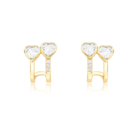 Brinco Gancho Zircônias Coração c/ Fio Liso e Cravejado Folheado a Ouro 18k