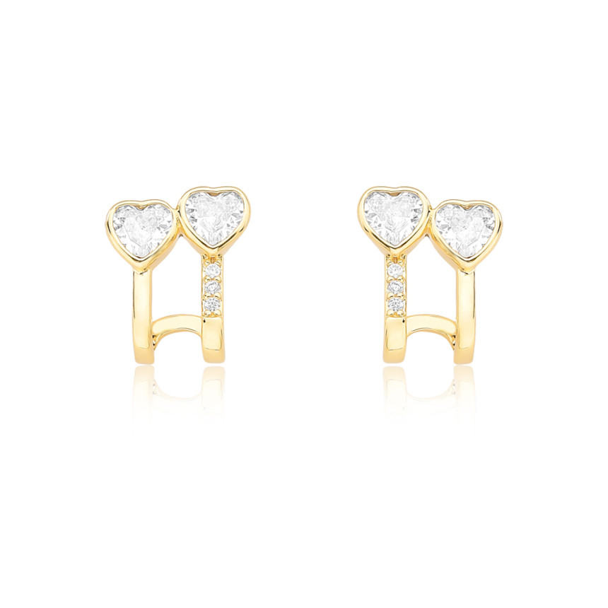 Brinco Gancho Zircônias Coração c/ Fio Liso e Cravejado Folheado a Ouro 18k