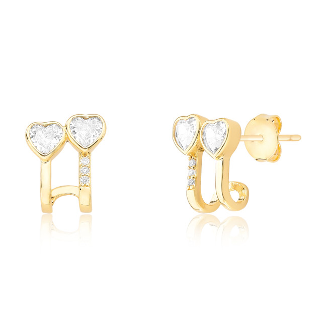 Brinco Gancho Zircônias Coração c/ Fio Liso e Cravejado Folheado a Ouro 18k