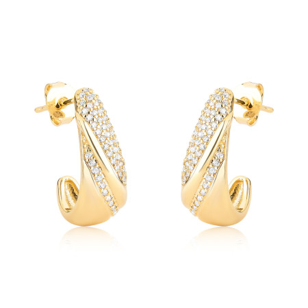 Brinco Gancho Linhas Lisas e Cravejadas Folheado a Ouro 18k