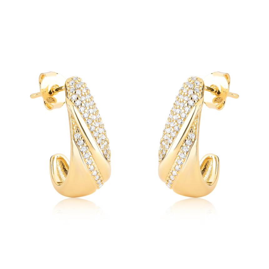 Brinco Gancho Linhas Lisas e Cravejadas Folheado a Ouro 18k