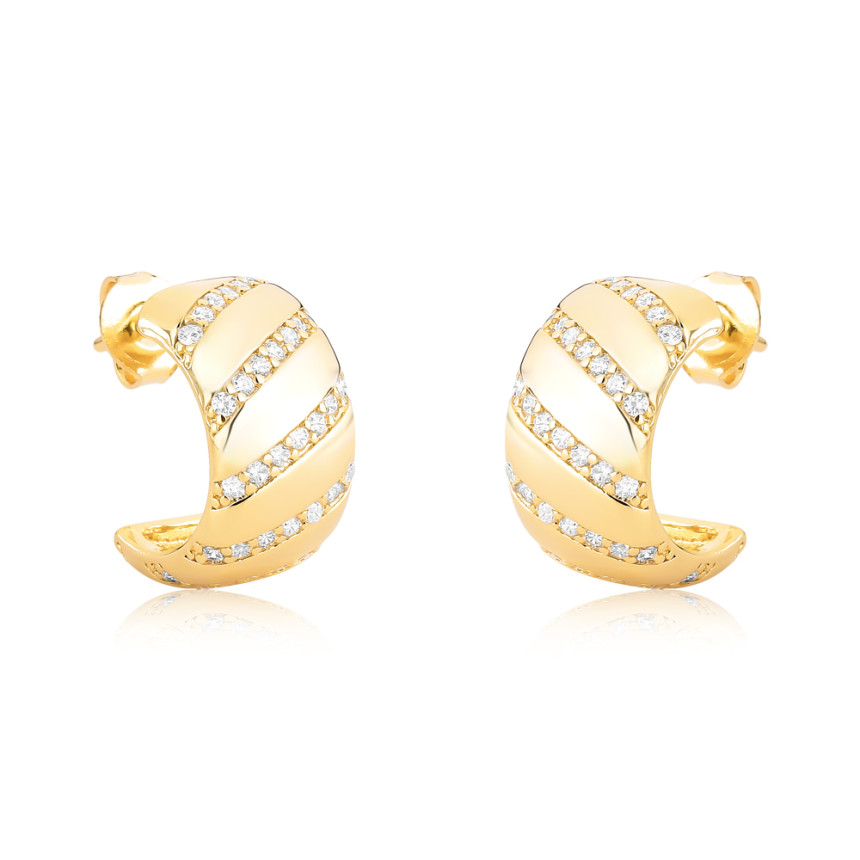 Argola Lisa c/ Linhas Diagonais Cravejadas Folheada a Ouro 18k
