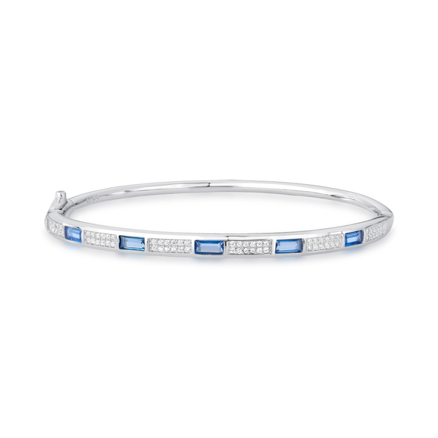 Bracelete Prata c/ Ródio Zircônia Retangulares Acqua e Detalhe Cravejado Intercalados