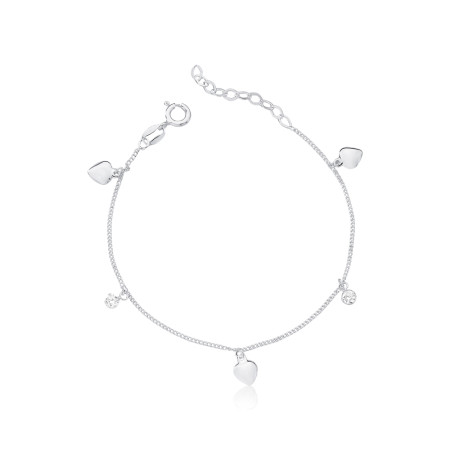 Pulseira Prata Grumezinha Corações Lisos e Ponto Luz