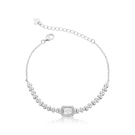 Pulseira Prata c/ Ródio Cravejada c/ Zircônia Retangular Central