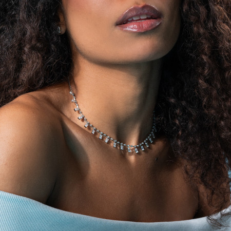 Choker Prata c/ Rodio Aro c/ Zircônias Retangulares e Ponto Luz