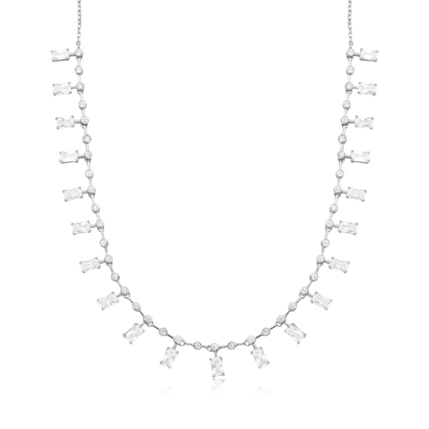 Choker Prata c/ Rodio Aro c/ Zircônias Retangulares e Ponto Luz